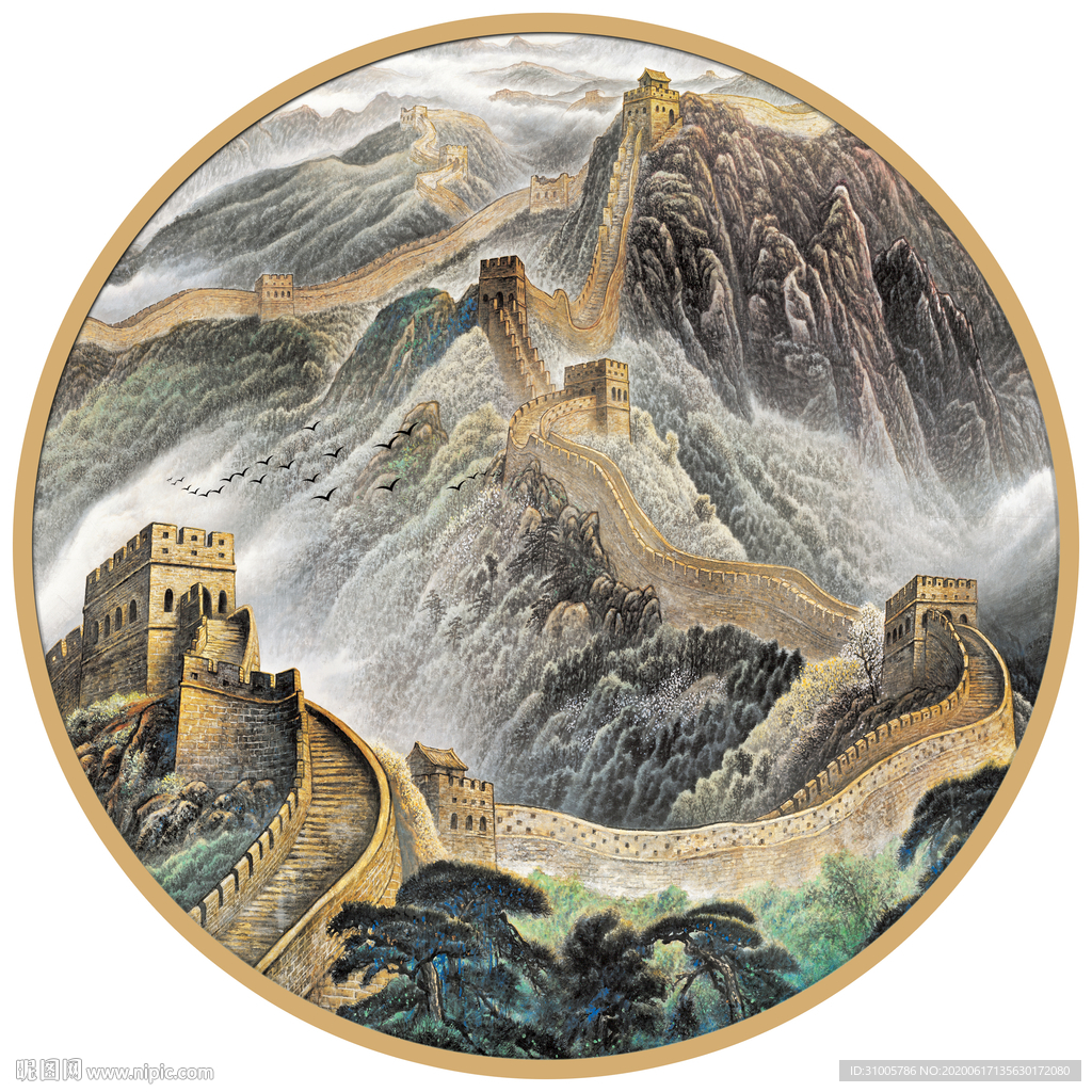 圆形长城装饰画圆形山水长城画