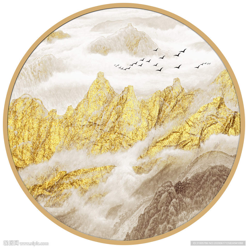 圆形山水画圆形水墨画金色山水