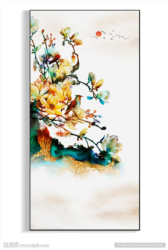 轻奢金色水墨花鸟装饰画