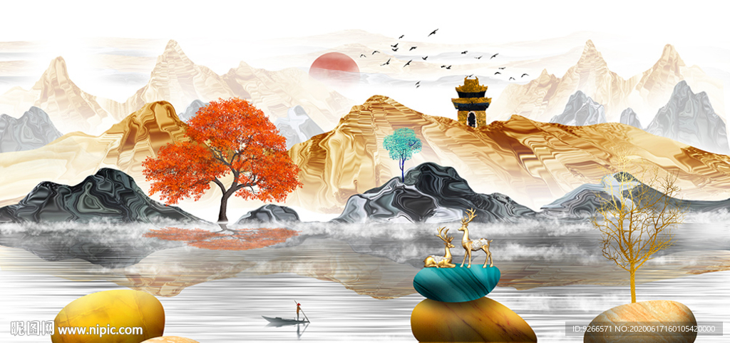 中式石来运转麋鹿山水晶瓷装饰画
