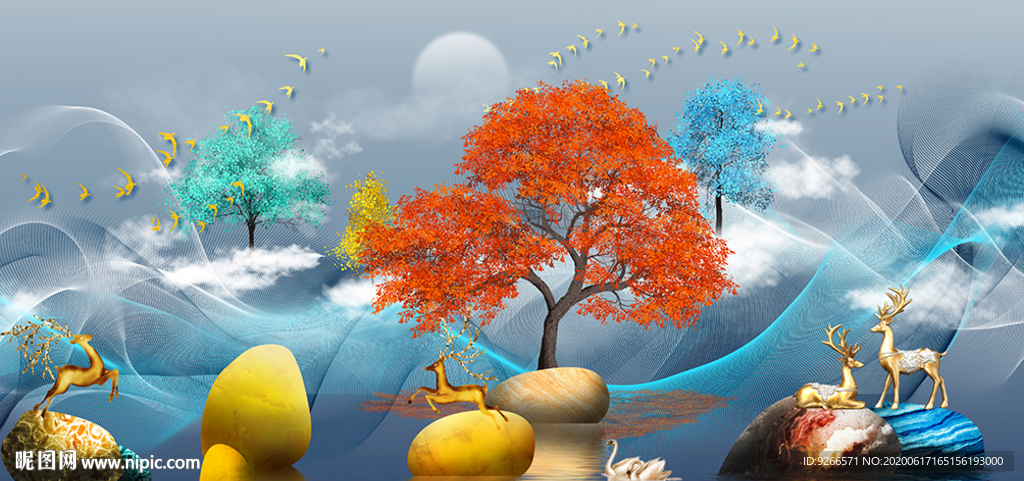 中式石来运转麋鹿山水晶瓷装饰画