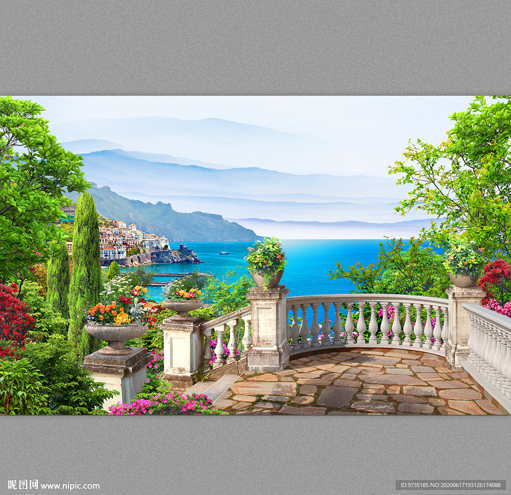 阳台后花园唯美海边美景壁画背景