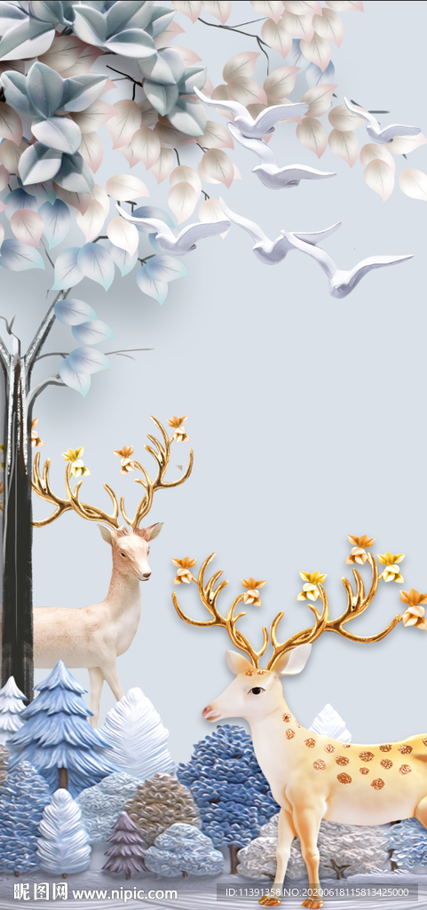 麋鹿发财树玄关背景墙