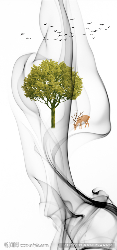 飘带麋鹿发财树玄关背景墙