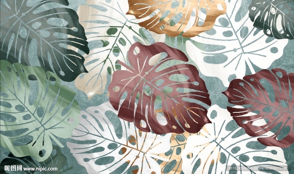 热带叶子电视背景墙