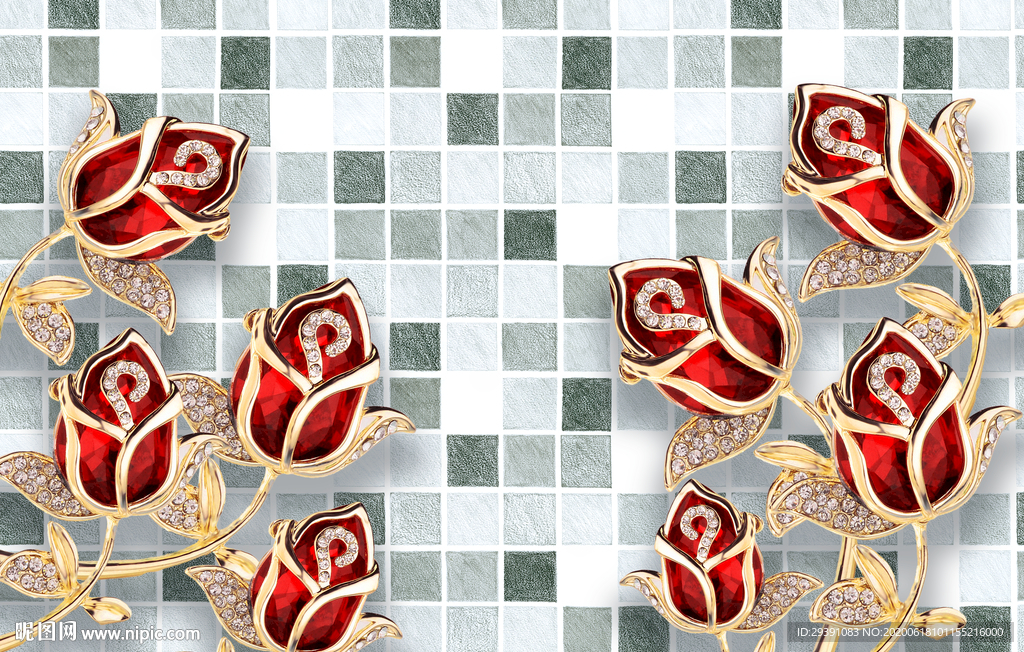 3D奢华珠宝红色玫瑰