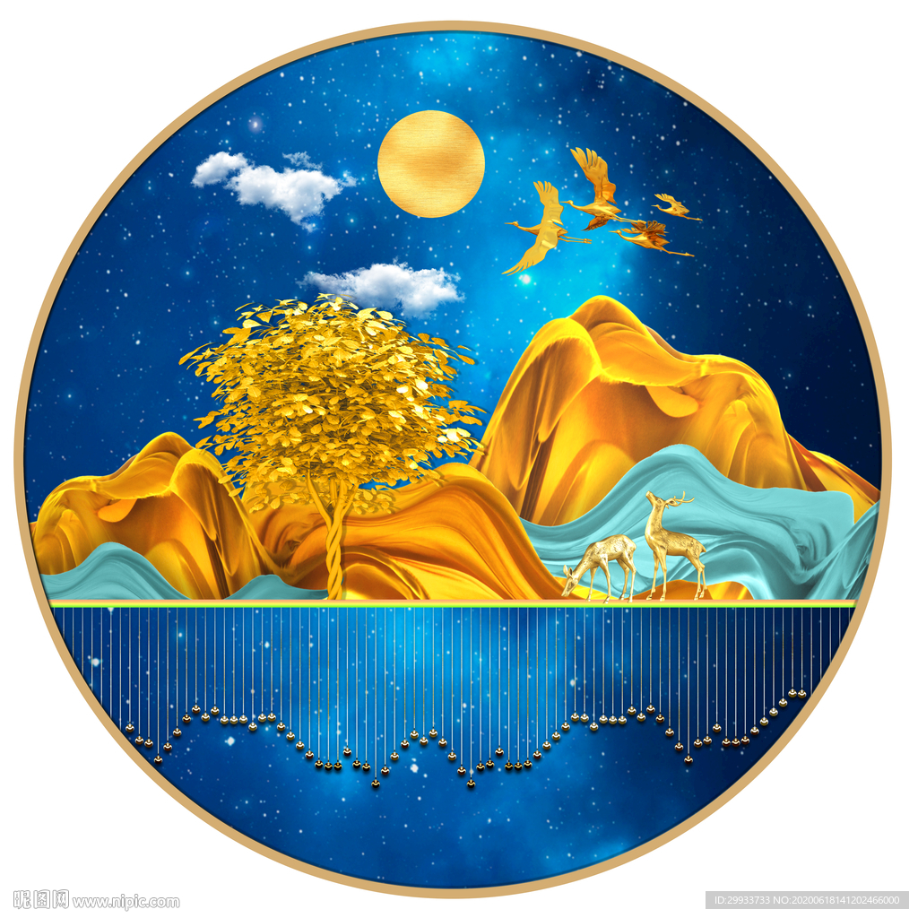 轻奢麋鹿山水发财树圆形装饰画