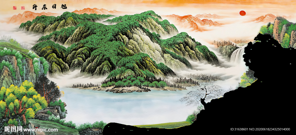 国画山水画青绿山水画旭日东升