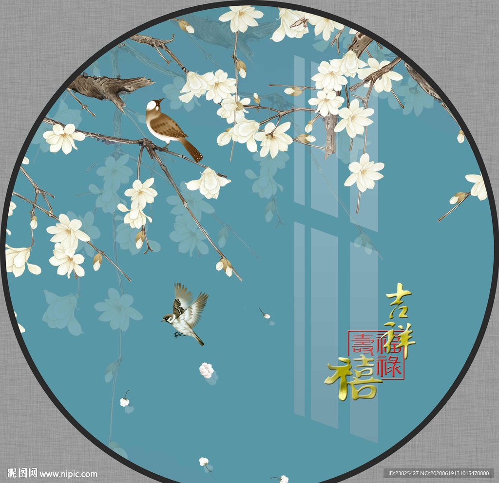 新中式手绘工笔花鸟圆形装饰画