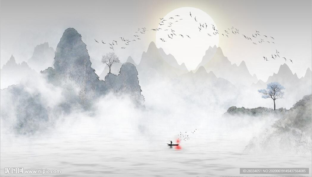 新中式水墨山水风景电视背景墙