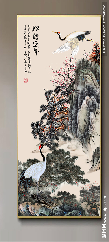 原创玄关迎客松仙鹤装饰画