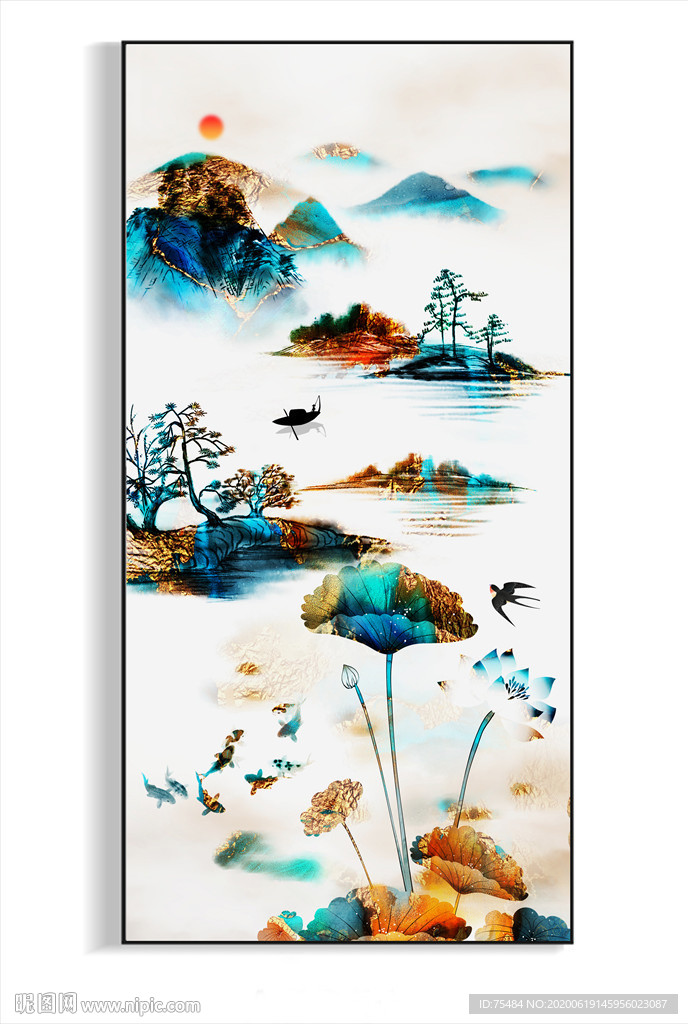 荷花山水装饰画