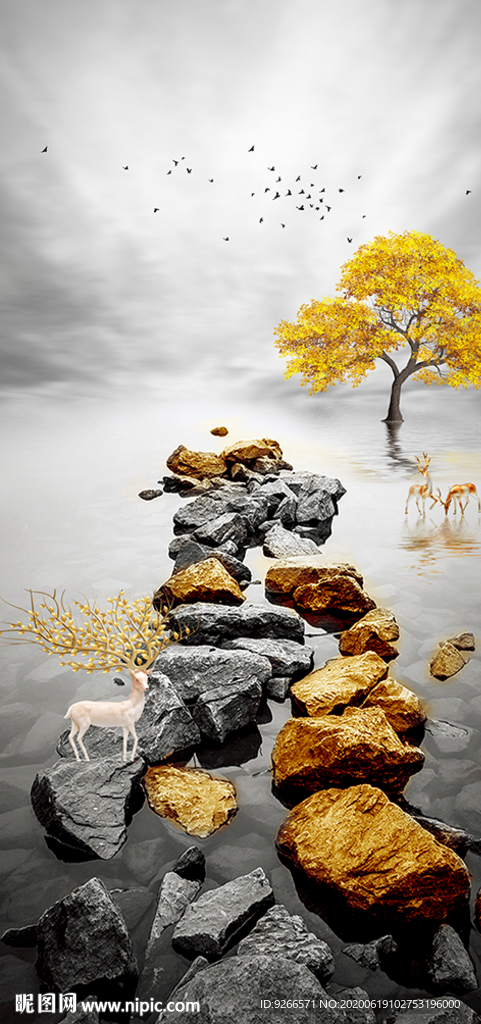 石来运转麋鹿山水玄关晶瓷装饰画