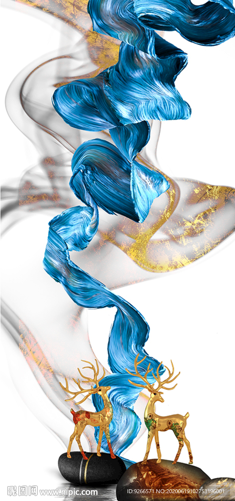 中式麋鹿山水线条玄关晶瓷装饰画