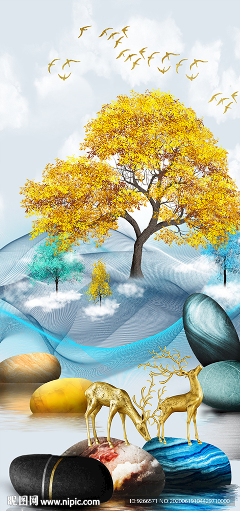 石来运转麋鹿山水玄关晶瓷装饰画