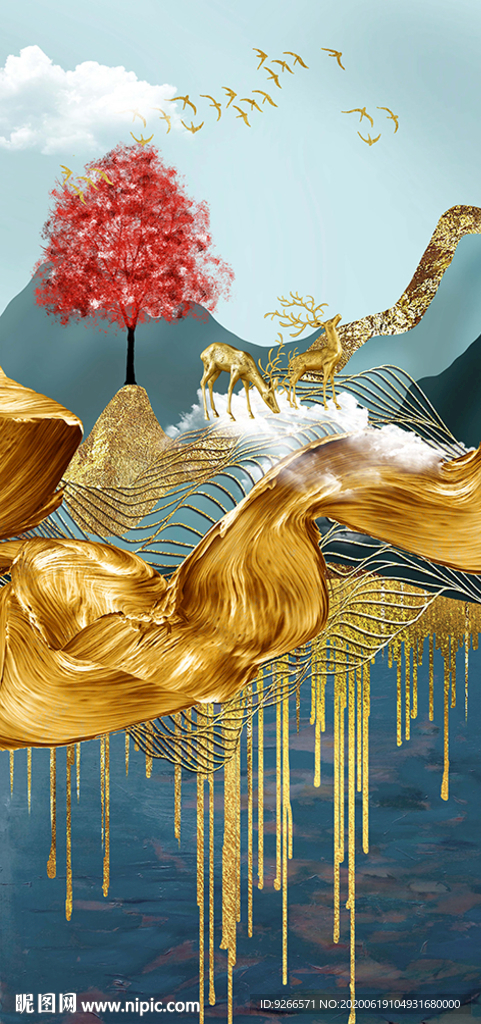 中式麋鹿山水线条玄关晶瓷装饰画