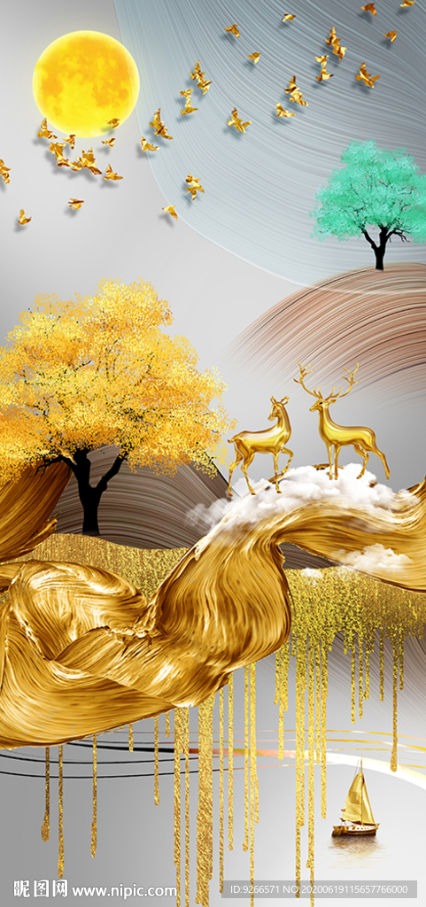 石来运转麋鹿山水玄关晶瓷装饰画