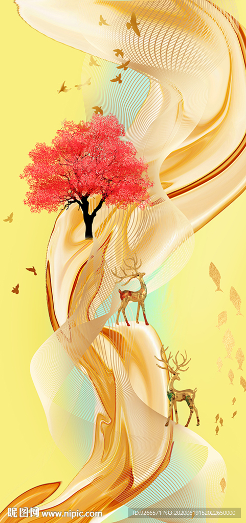 中式麋鹿山水线条玄关晶瓷装饰画