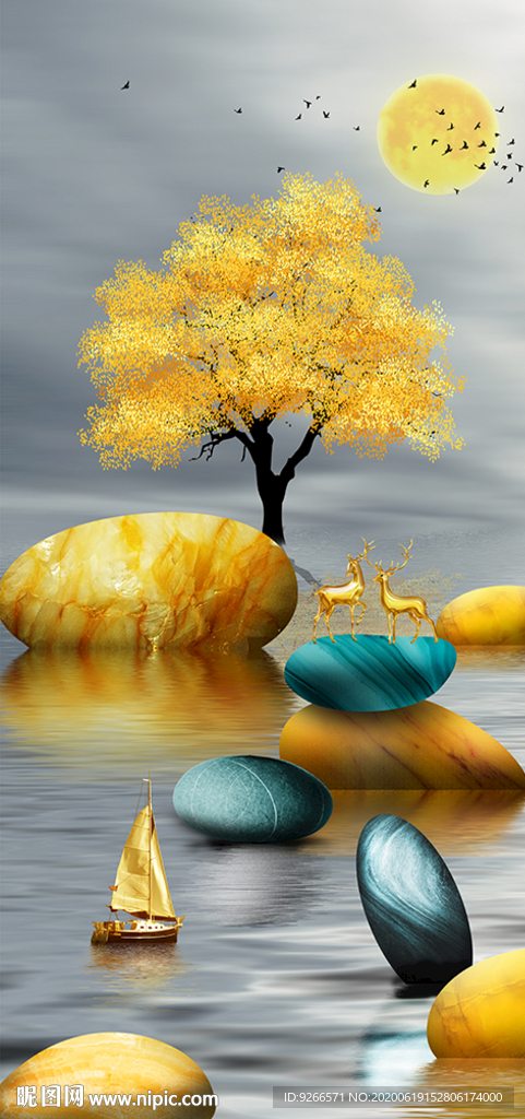 石来运转麋鹿山水玄关晶瓷装饰画