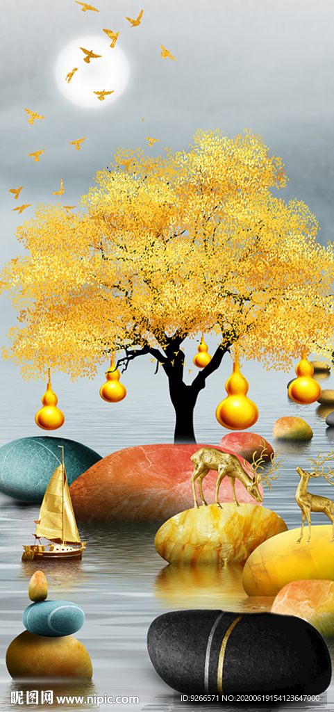 石来运转麋鹿山水玄关晶瓷装饰画