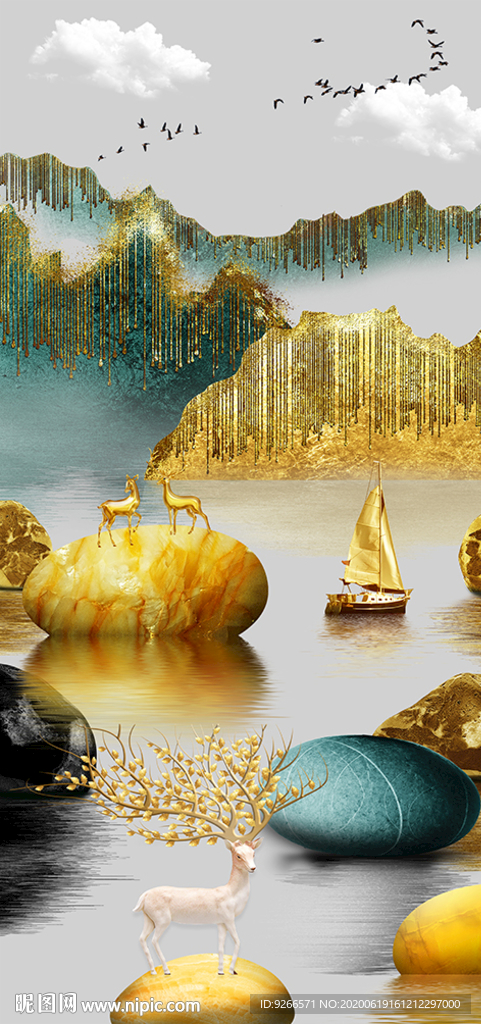 石来运转麋鹿山水玄关晶瓷装饰画