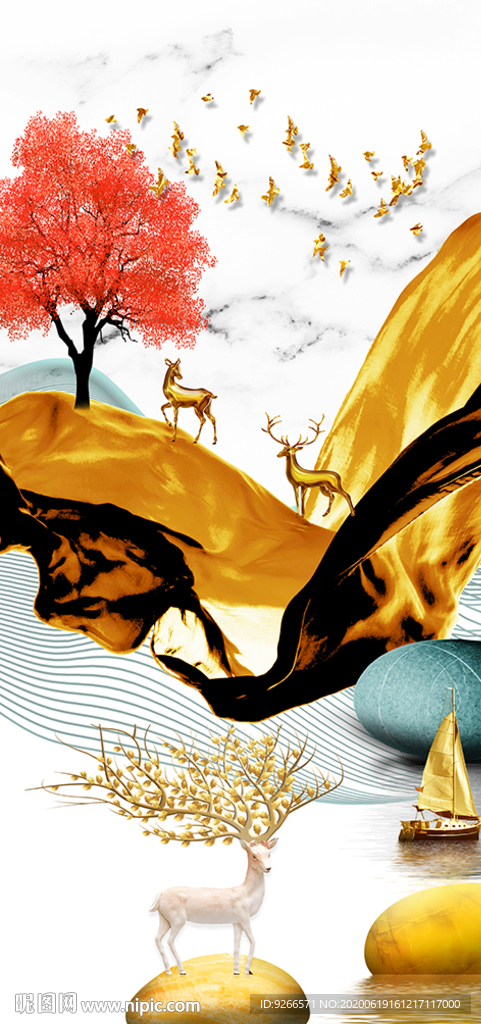 中式麋鹿山水线条玄关晶瓷装饰画