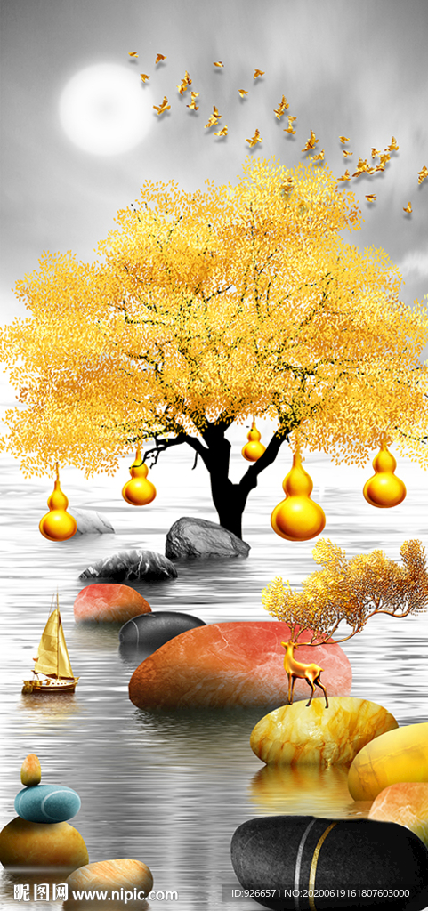 石来运转麋鹿山水玄关晶瓷装饰画