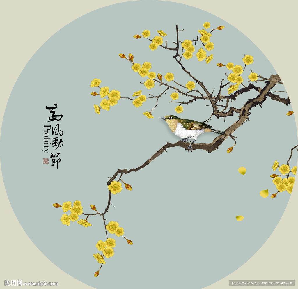 新中式手绘工笔花鸟圆形装饰画