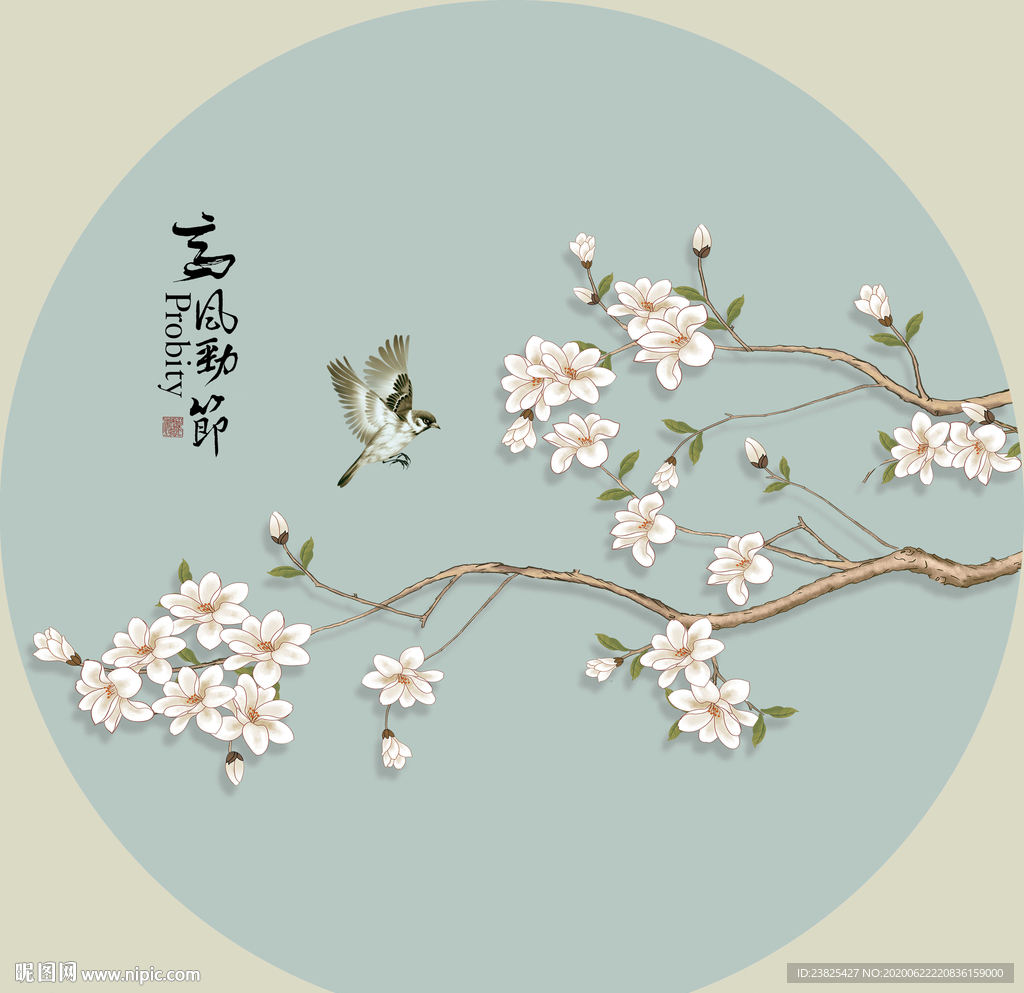 新中式手绘工笔花鸟圆形装饰画