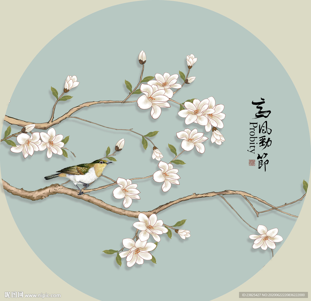 新中式手绘工笔花鸟圆形装饰画