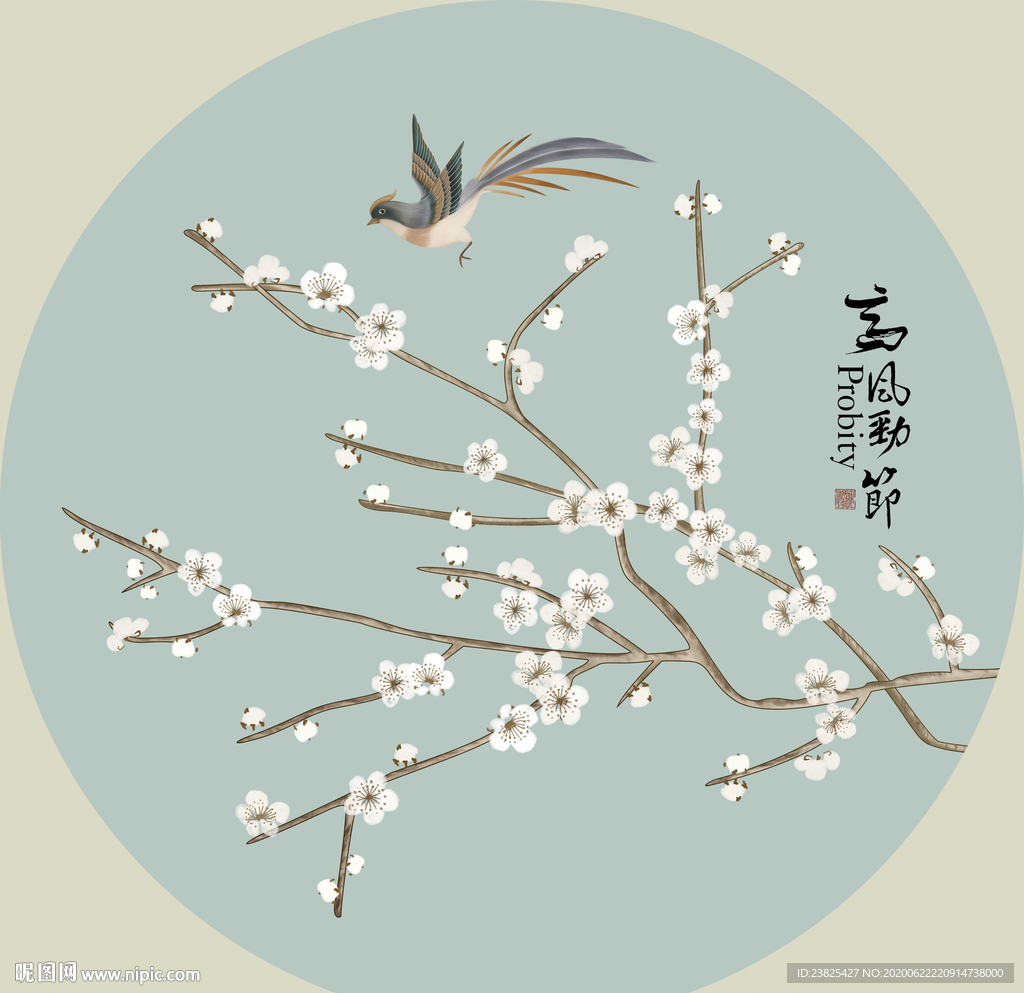 新中式手绘工笔花鸟圆形装饰画
