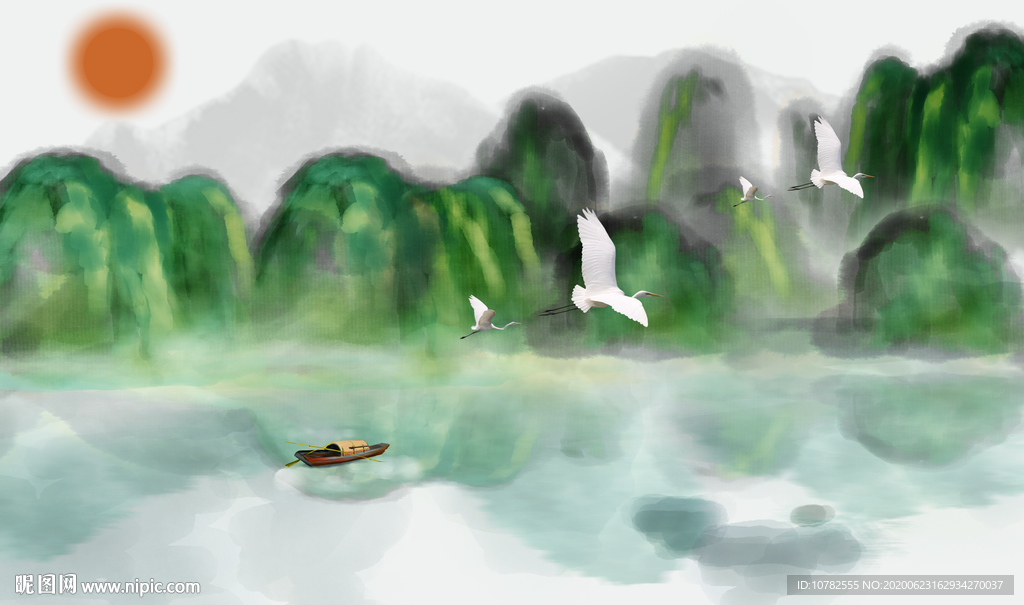 仙鹤风景背景墙