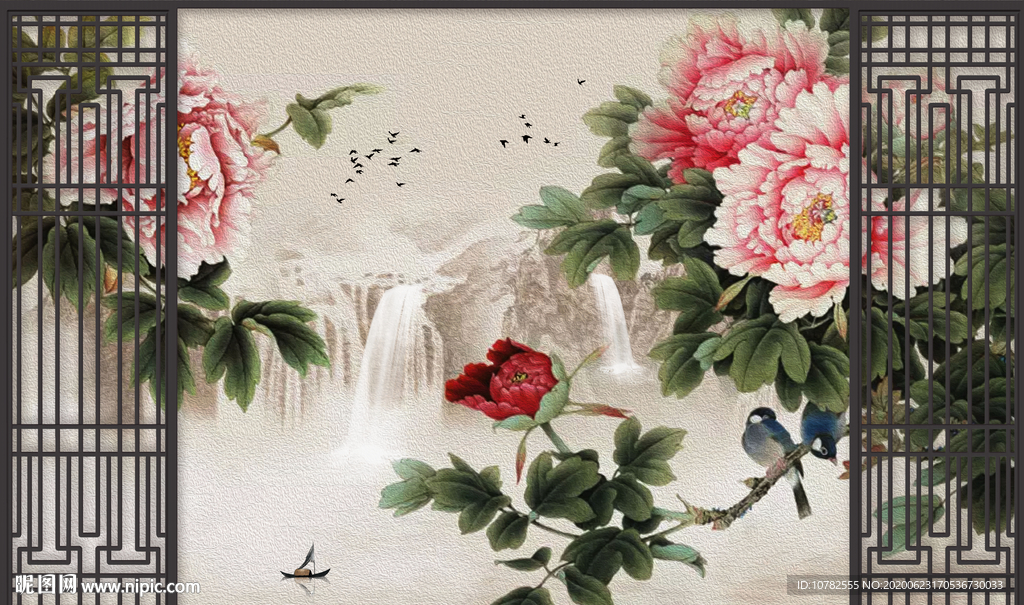 牡丹花山水画背景墙