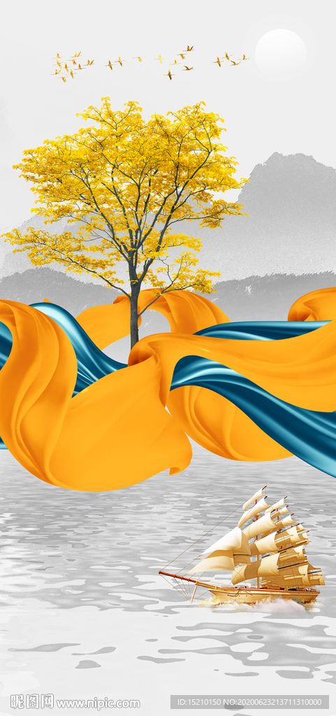 金色丝绸发财树玄关背景墙