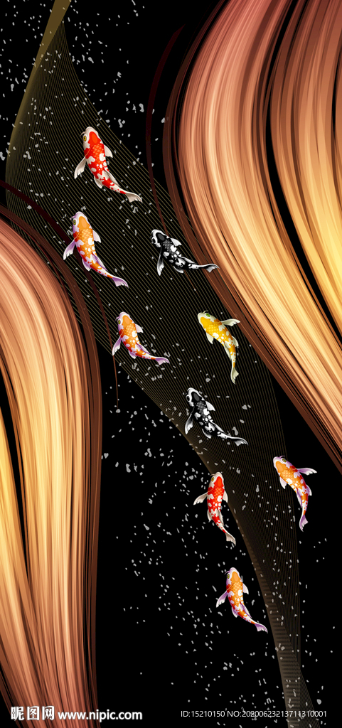 金色线条九鱼图玄关背景墙