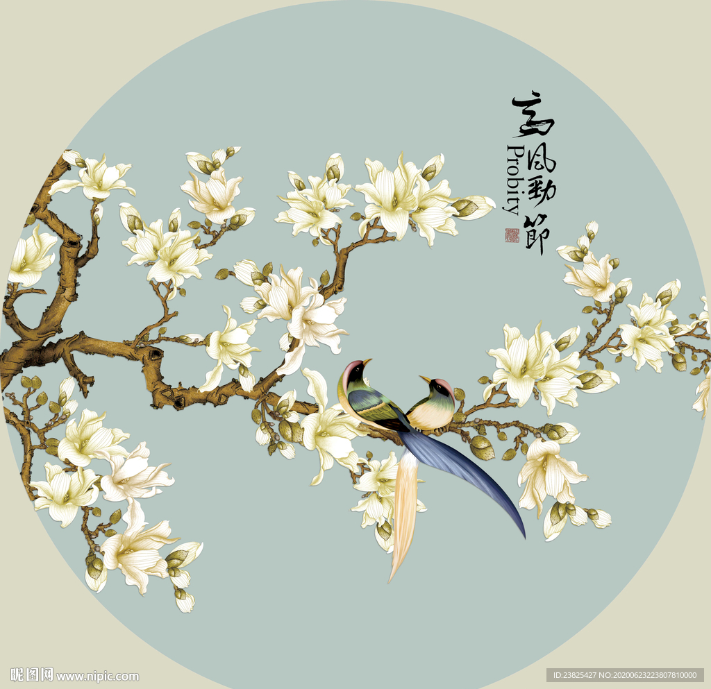 新中式工笔玉兰花鸟圆形装饰画