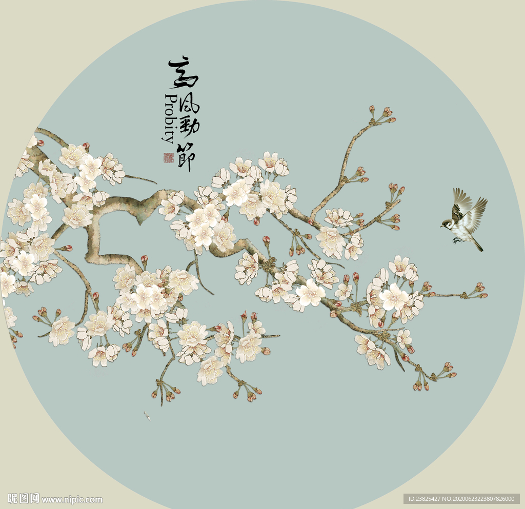 新中式手绘玉兰花鸟圆形装饰画