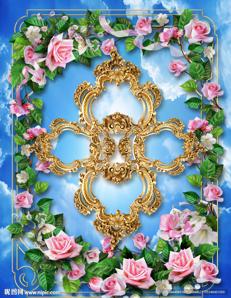 唯美欧式金属花纹天空天顶壁画