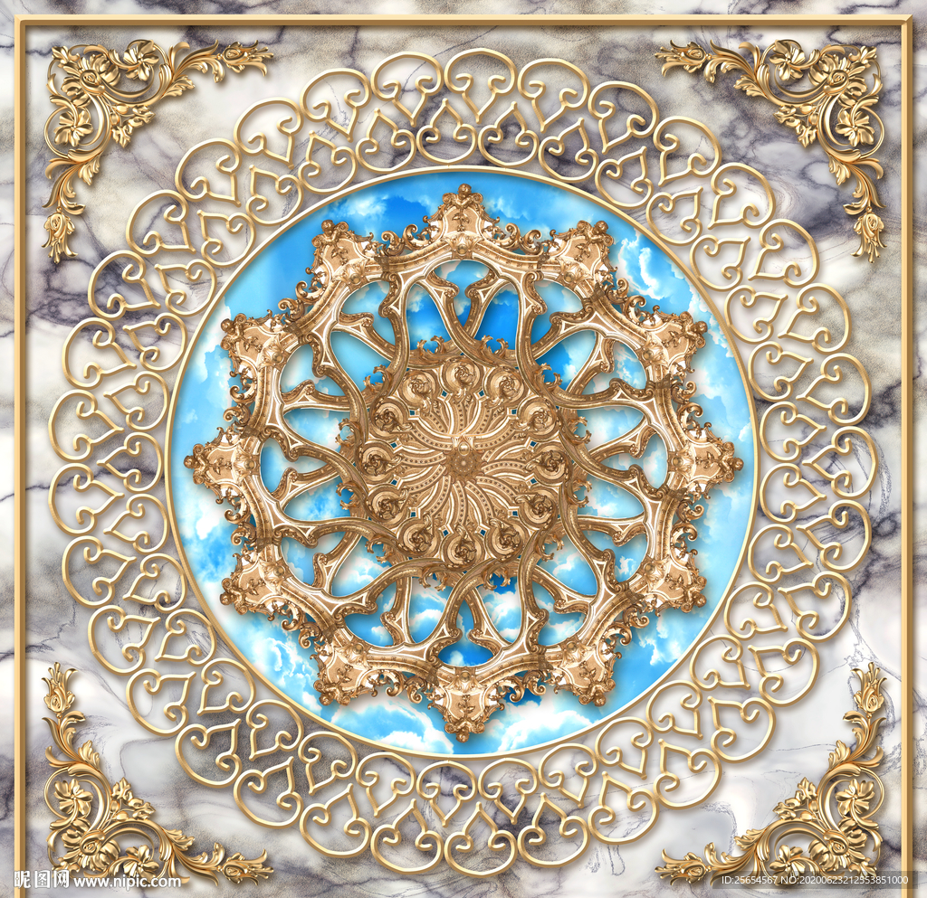 唯美欧式金属花纹天空天顶壁画