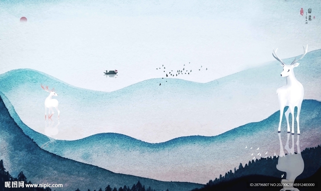 新中式水墨山水画上善若水壁画图