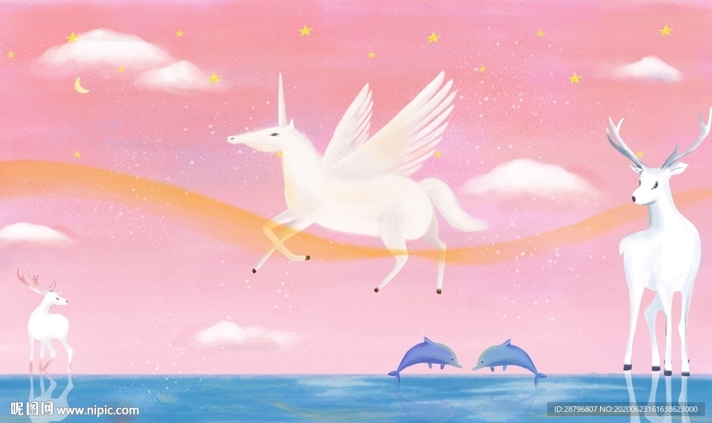 唯美浪漫星空天马麋鹿背景墙装饰