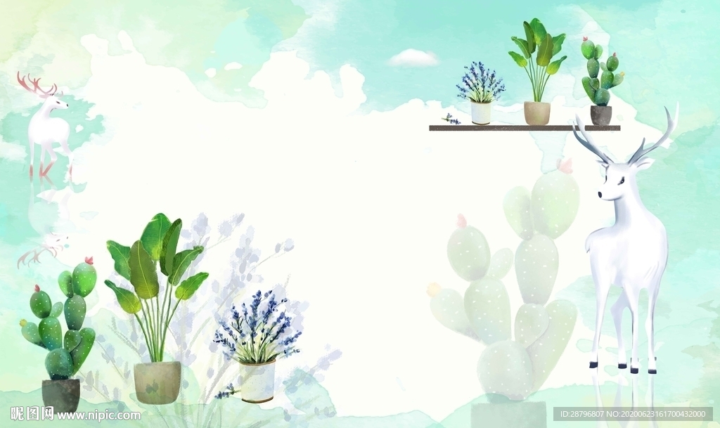 麋鹿植物小清新背景墙图片