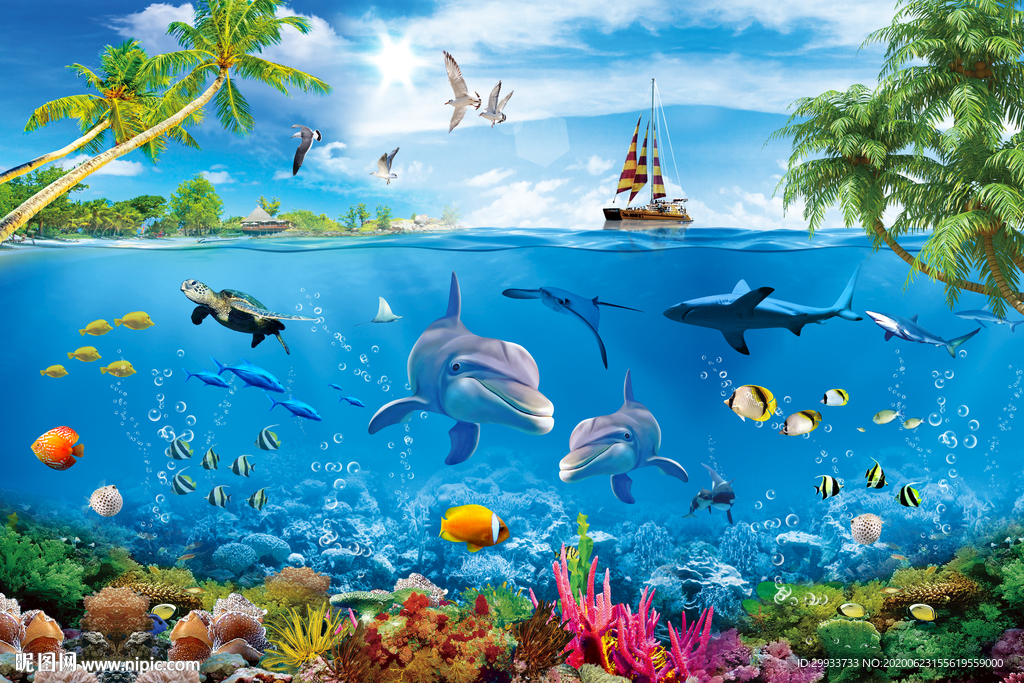 3d海岛海底世界背景墙