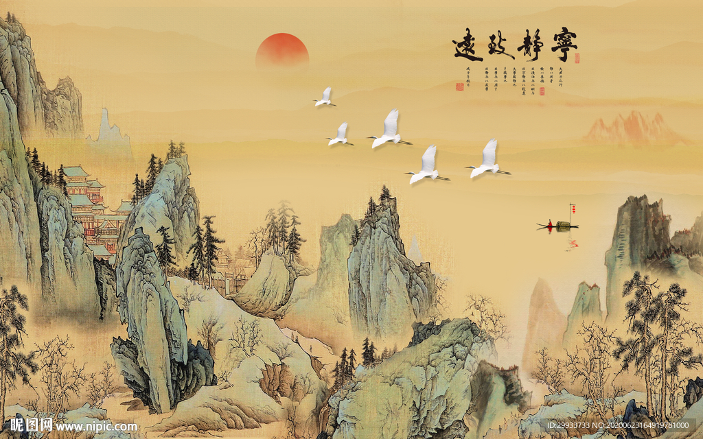 新中式古典山水画背景墙