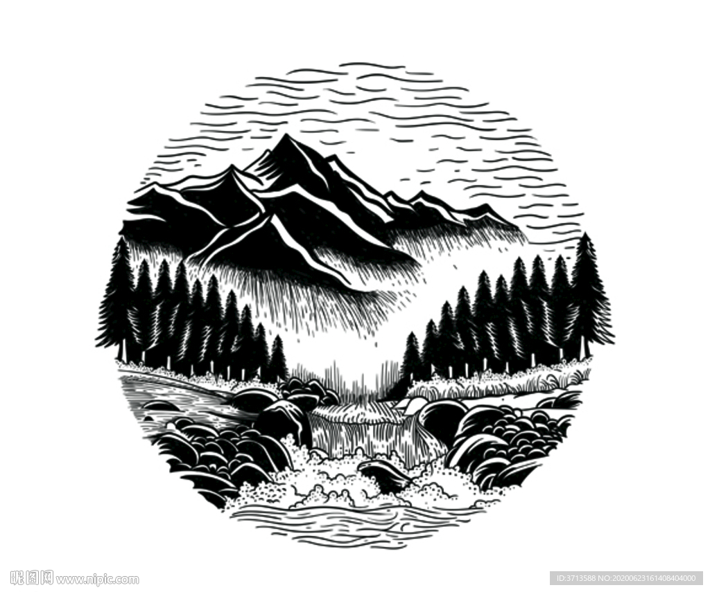 远山树林小河矢量手绘插画