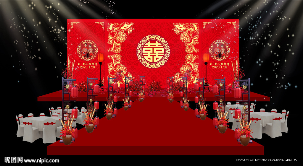 新中式红色婚礼背景效果