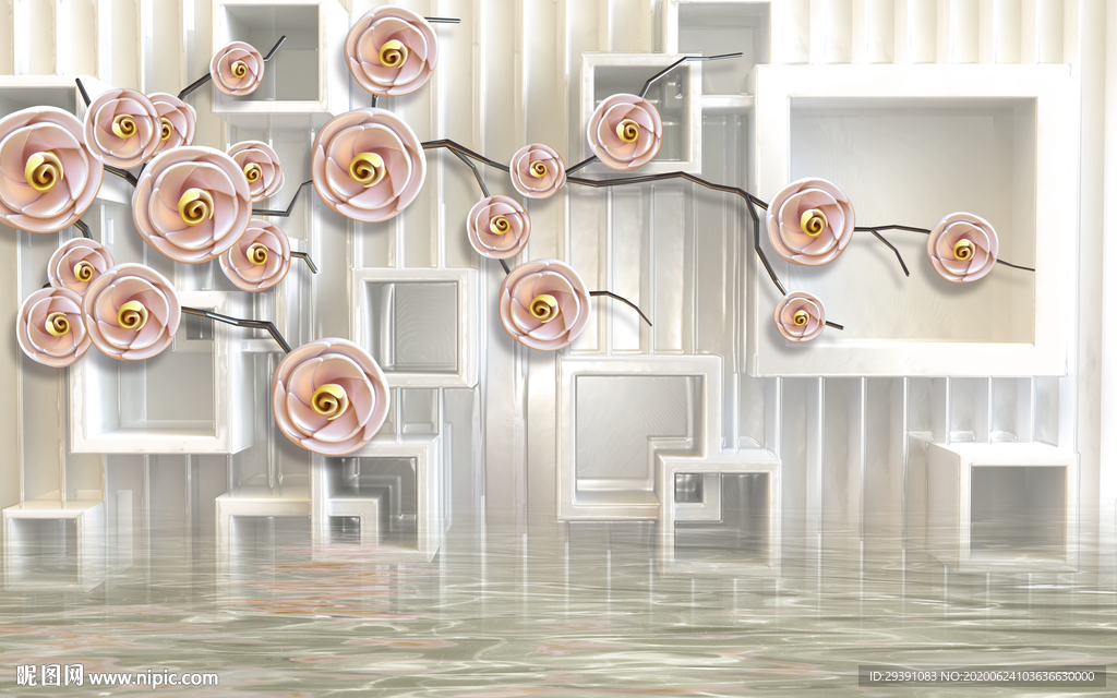3D立体方块玉兰水纹背景