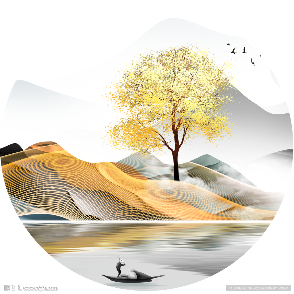 新中式山水圆形装饰