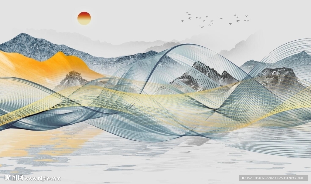 蓝色线条山水电视背景墙