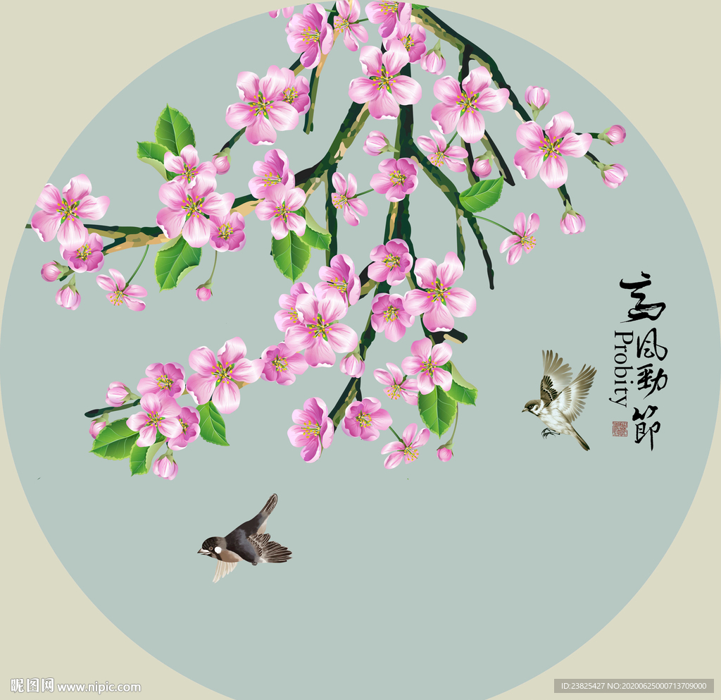 新中式手绘工笔花鸟圆形装饰画